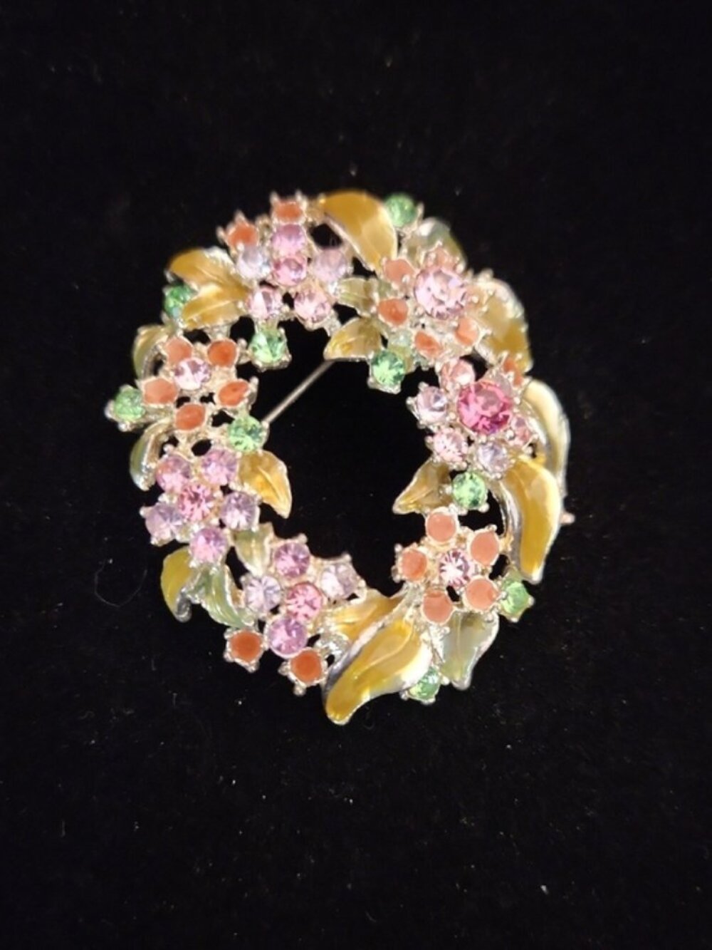Floral Crystal Wreath Brooch - Pink, Green & Yellow